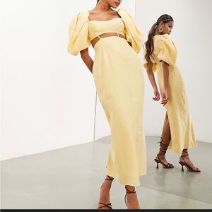 SHEIN Yellow Midi Dress with Puff Sleeves
